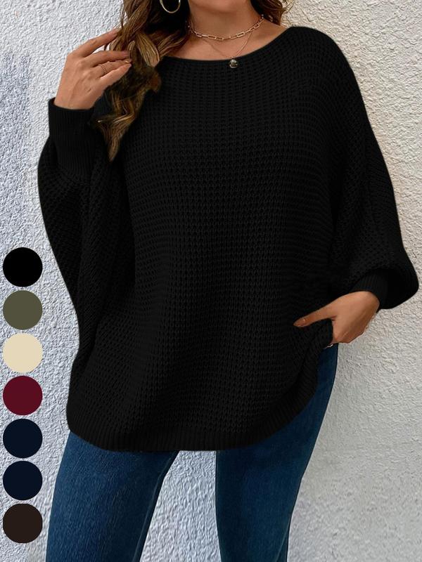  Solid Batwing Sleeve Boat Neck Sweater, Fall Outfits, Casual Long Sleeve Jumper for Fall, Women's Plus Clothing for Daily Wear, Back To School Outfit