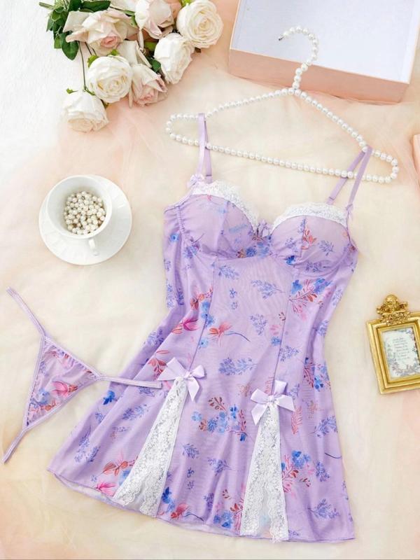 Women's Floral Print Contrast Lace Cami Nightdress & Thong Sexy Lingerie Set, Bow Decor Spaghetti Strap Nightgown & Panty, Ladies Sleepwear for All Seasons