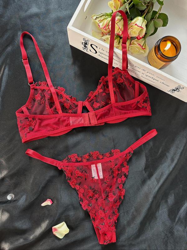 Women's Embroidered Sheer Sexy Lingerie Set, Romantic Adjustable Strap Bra & Thong, Summer Wear 2024, Women Sexy Lingerie, Underwear Sets, Bridal Underwear