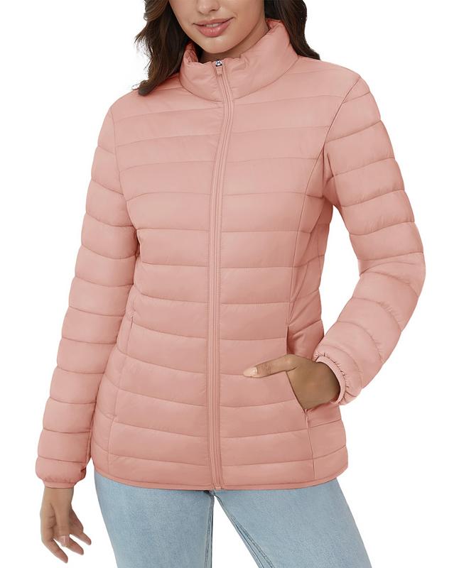 Women's Puffer Jacket Lightweight Quilted Padded 4 Pockets Zip-up Stand-collar Winter Fleece Coat