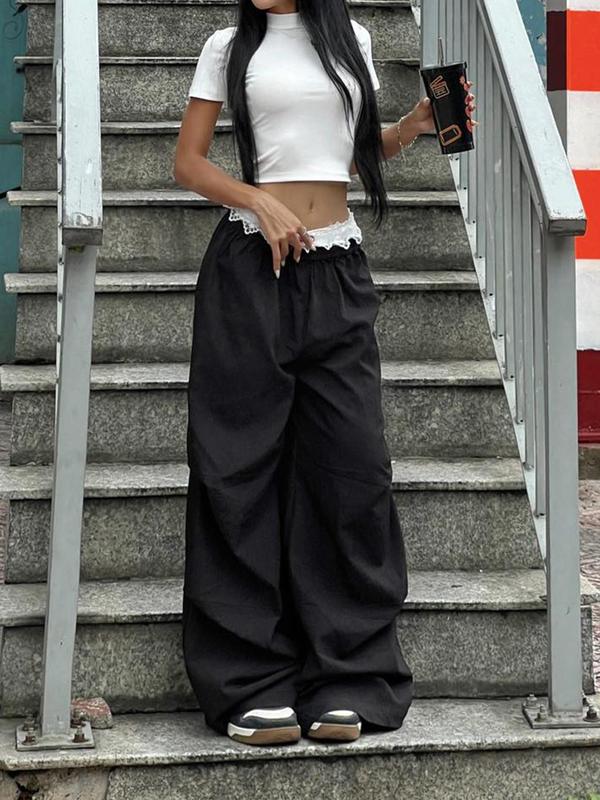 Women's Colorblock Bow Front Contrast Lace Cargo Pants, Casual Pocket Trousers for Fall & Winter, Women's Bottoms for Daily Wear