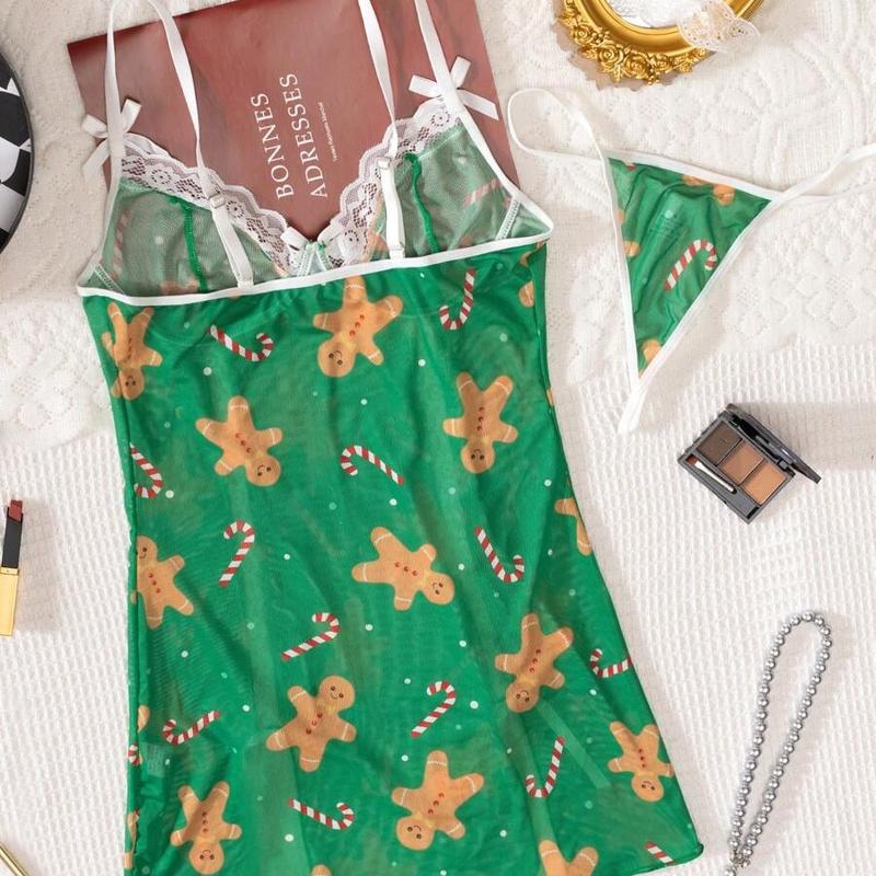 Christmas Gingerbread Man & Candy Cane Green Classic Print Lace Bow Slit Hem Sexy Nightgown