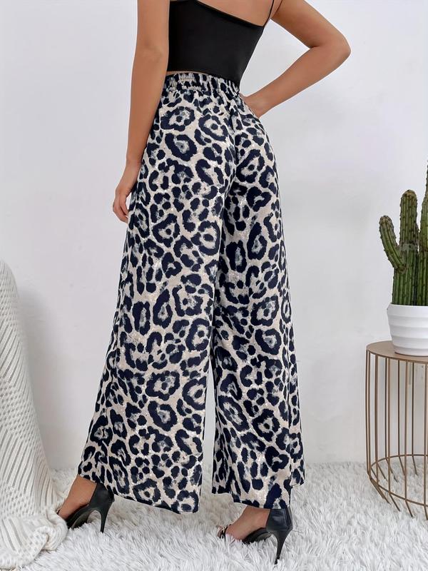 Women's Leopard Print Elastic Waist Wide Leg Pants, Casual High Waist Trousers, Ladies Bottoms for Daily Wear