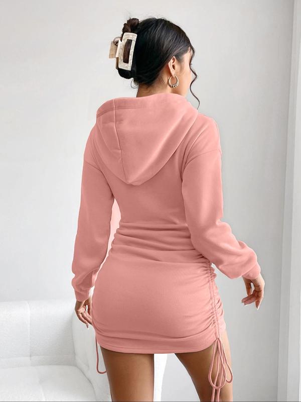 Women's Plain Ruched Drawstring Bodycon Hoodie Dress, Casual Drop Shoulder Long Sleeve Hooded Mini Dress for Daily Wear, Ladies Clothes for All Seasons