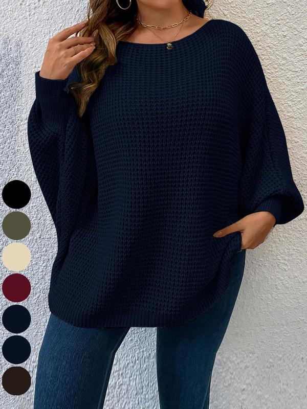  Solid Batwing Sleeve Boat Neck Sweater, Fall Outfits, Casual Long Sleeve Jumper for Fall, Women's Plus Clothing for Daily Wear, Back To School Outfit