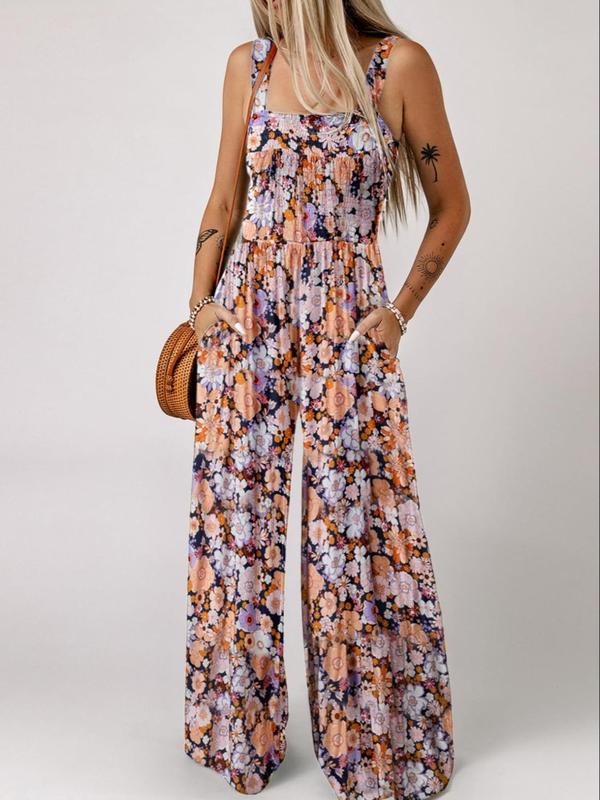 Women's Ditsy Floral Print Ruched Shirred Pocket Wide Leg Vintage Cami Jumpsuit, Back To School Summer Clothes, Bohemian Comfort Square Neck Jumpsuit for Daily Wear, Summer Outfits 2024, Strappy Womenswear, Ladies Fitted Clothes for Summer