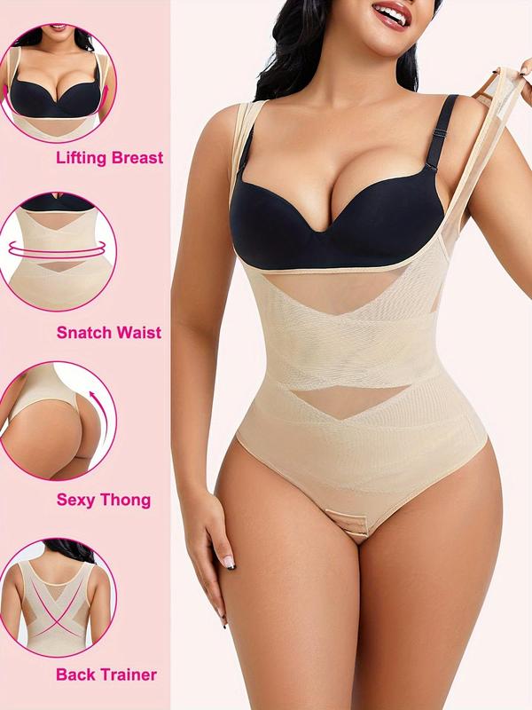 Womenswear Contrast Mesh Comfort Thong Design Shapewear Bodysuit, High Stretch U Neck Tummy Control Shapewear Clothing, Ladies Body Shapewear for Daily Wear