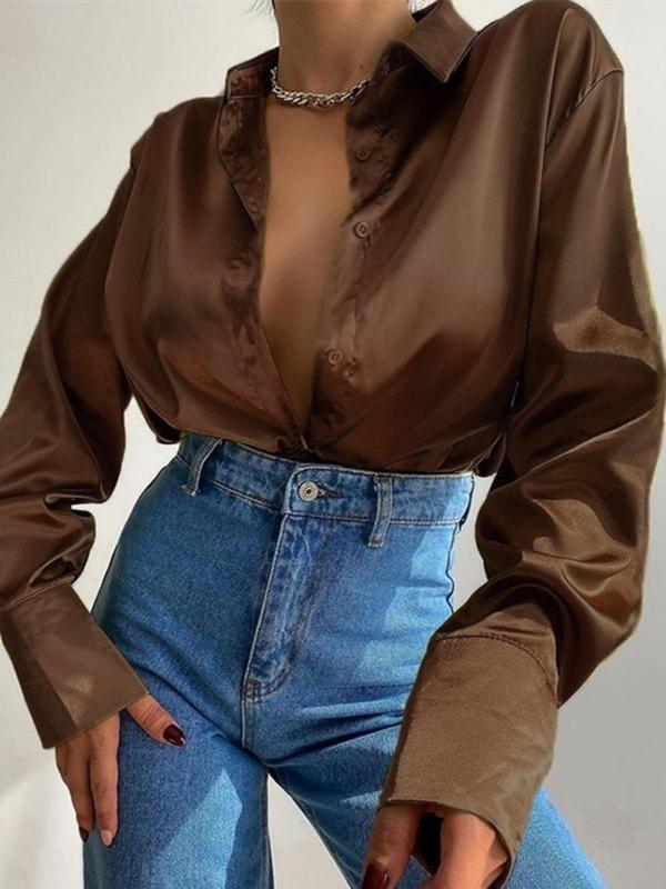 Women's Solid Button Front Curved Hem Shirt, Elegant Drop Shoulder Long Sleeve Collared Top for Fall, Women's Clothing for Daily Wear