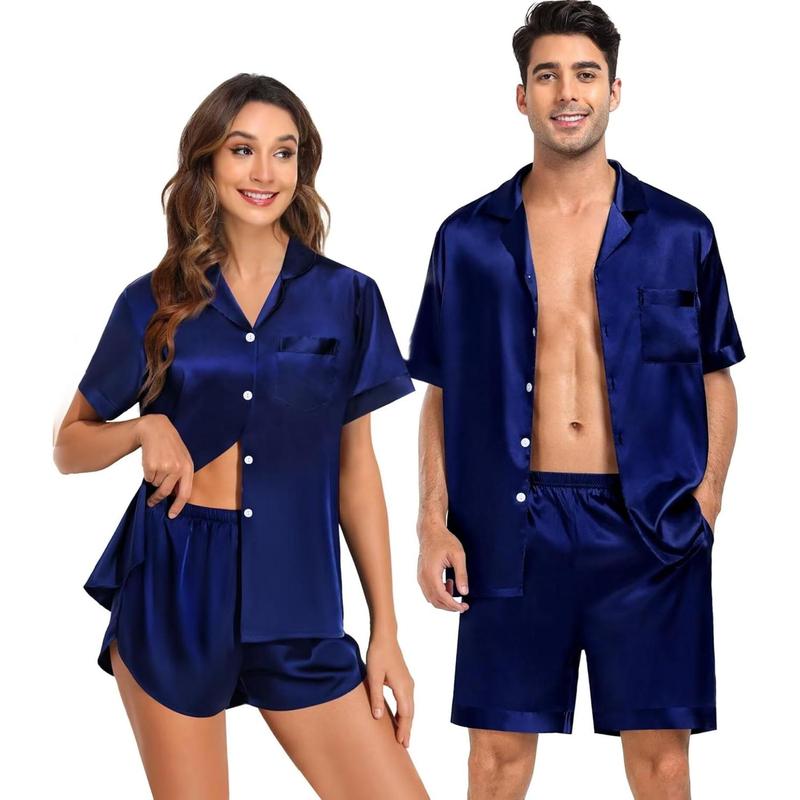 Couple Satin Matching Pajamas Sets Short Sleeve Sleepwear Silk Button Down Nightwear2 Pieces Loungewear with Shorts