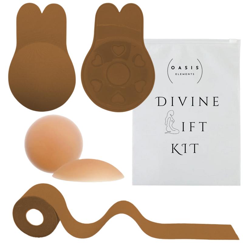 Divine Lift Kit - REUSABLE Sticky Bunny Bra with Boobtape and REUSABLE Silicone Nipple Covers - Breasts Coverage A-G Cup in Brown - Ultimate Breast Lift Set  -Portable Travel Bag outfit enhancer Invisible Push-Up Skin  Waterproof