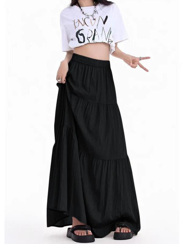 Women's Solid Ruffle Hem High Waist Skirt, Casual Elastic Waist A Line Long Skirt, Ladies Bottoms for All Seasons