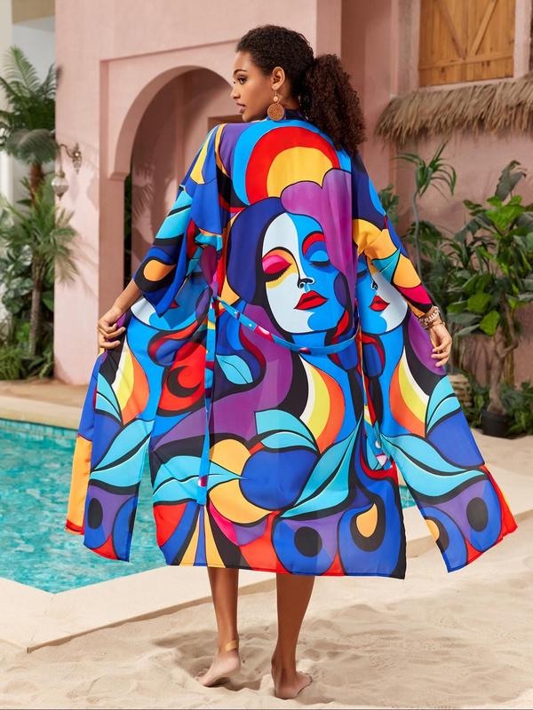  Peacock & Floral Print Belted Wrap Kimono Cardigan, Casual Three Quarter Length Sleeve Split Hem Kimono Cardigan, Women's Summer Swimwear for Beach Holiday Vacation