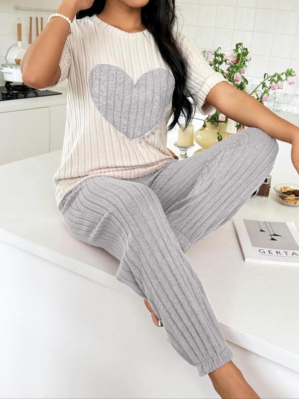 Women's Ribbed Pajama Set, Casual Heart Patchwork Embroidery Sleep Top & Plain Elastic Waist Pj Pants, Loungewear Summer Clothes Women, Lady Shortsleeve Homewear, Lounge Set, Comfort Sleepwear Set for Womenswear