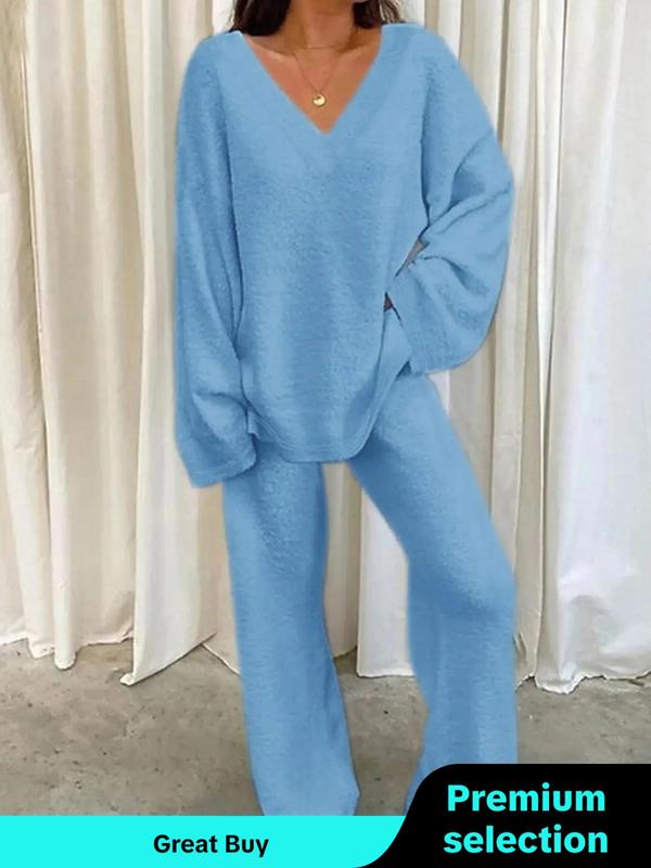 Women's Solid Color Drop Shoulder V Neck Sleep Top & Pants Plush Pyjama Two-Piece Set, Fluffy Pajamas, Casual Comfy Long Sleeve Top & Trousers PJ Set, Women's Sleepwear for Fall & Winter, Stockholm Wear Style Women in Sweden, Boston Clogs Outfits