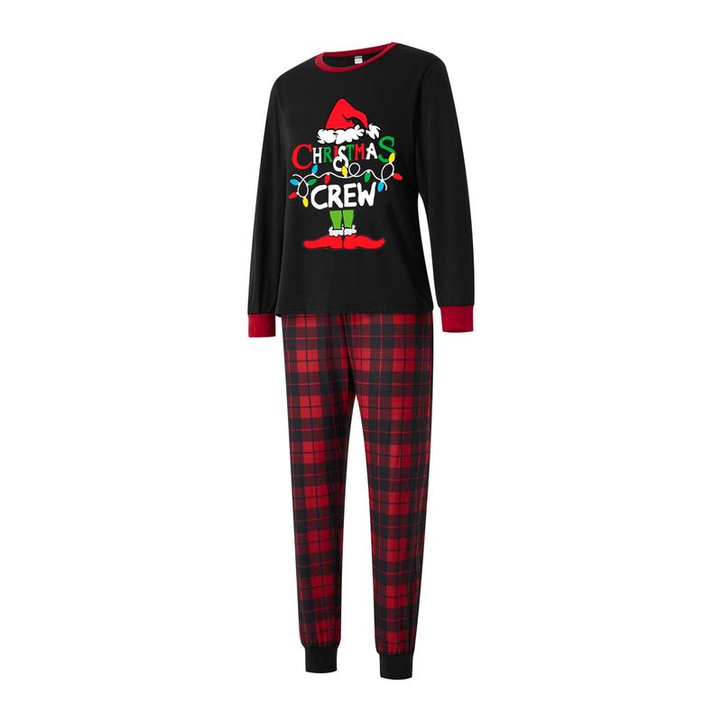 Hot Matching Christmas Pajamas For Family Long Sleeve Monster Letter Print Tops + Plaid Pants Set Winter Loungewear