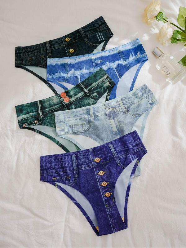 Women's 5pcs Denim-effect Print Knicker, Casual Breathable All Over Print Panty for Daily Wear, Comfy Women Underwear for All Seasons