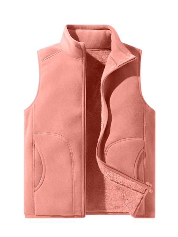 Women's Solid Color Zip Up Vest Jacket, Casual Pocket Stand Collar Sleeveless Outerwear for Fall & Winter, Ladies Sportswear for Outdoor Activities