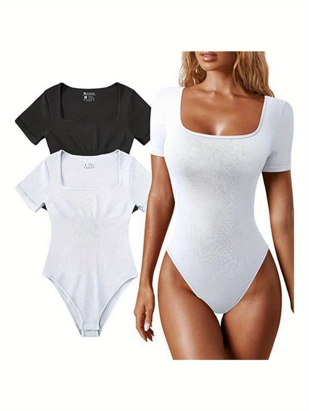 Women's Bodysuits Sexy Ribbed Square Neck Short Sleeve Bodysuits