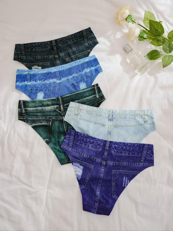 Women's 5pcs Denim-effect Print Knicker, Casual Breathable All Over Print Panty for Daily Wear, Comfy Women Underwear for All Seasons