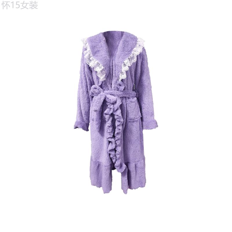 Elegant Solid Lace Trim Fleece Thickened Night Robe For Fall & Winter, Flounce Sleeve Shawl Collar Ruffle Hem Robe With Belt, Women's Sleepwear & Dresses Fabric Womenswear bridal robes Gowns bridal robes Loungewear