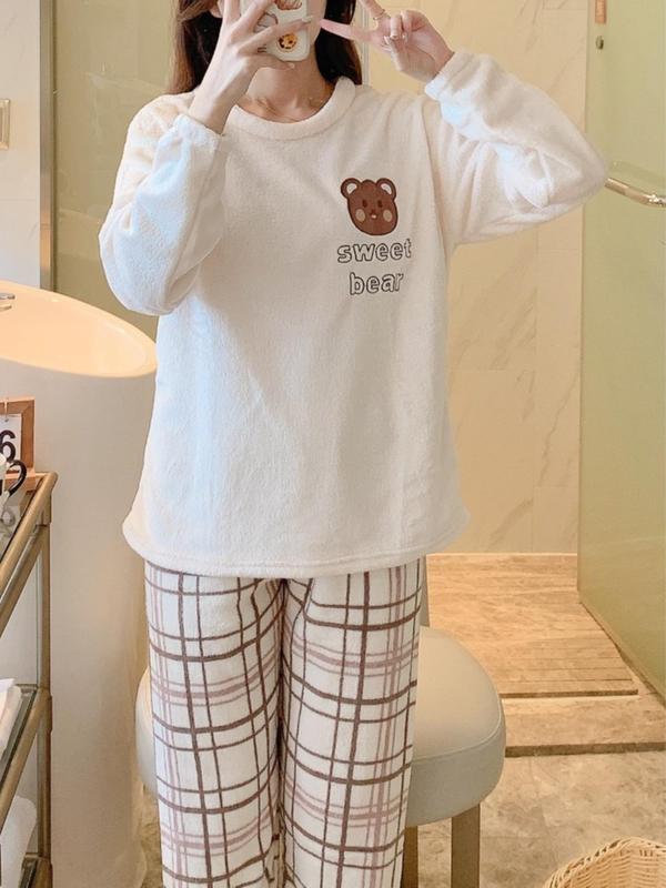 Two-Piece Set Women's Flannel Loungewear Set, Cute Cartoon Bear Embroideried Top & Plaid Print Pants, Kawaii Pyjama Set for Women