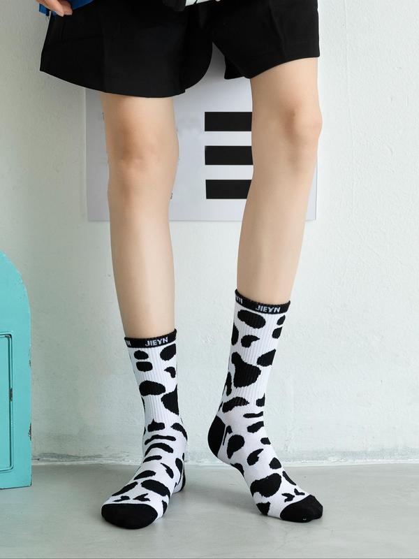 Women's Cow & Letter Print Crew Socks, Casual Moisture Wicking Socks, Soft Comfy Breathable Socks for All Seasons Daily Wear, Comfort Womenswear