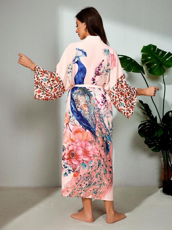  Peacock & Floral Print Belted Wrap Kimono Cardigan, Casual Three Quarter Length Sleeve Split Hem Kimono Cardigan, Women's Summer Swimwear for Beach Holiday Vacation