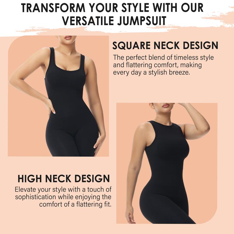 Soo slick Fall Jumpsuit for Women - Reversible Neckline High Neck and Square Neck One Piece Tank Tops Bodycon Sleeveless Jumpsuit Fit Nylon Spandex Womenswear Casual fall fashion clothing