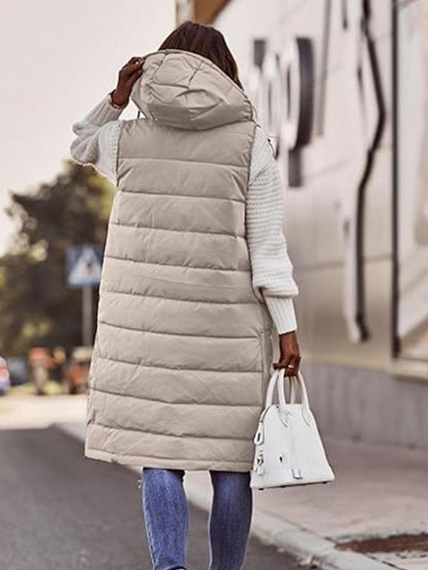 Women's Solid Button Front Drawstring Quilted Hooded Vest Coat, Casual Sleeveless Pocket Zipper Outerwear for Fall & Winter, Women's Clothing for Daily Wear