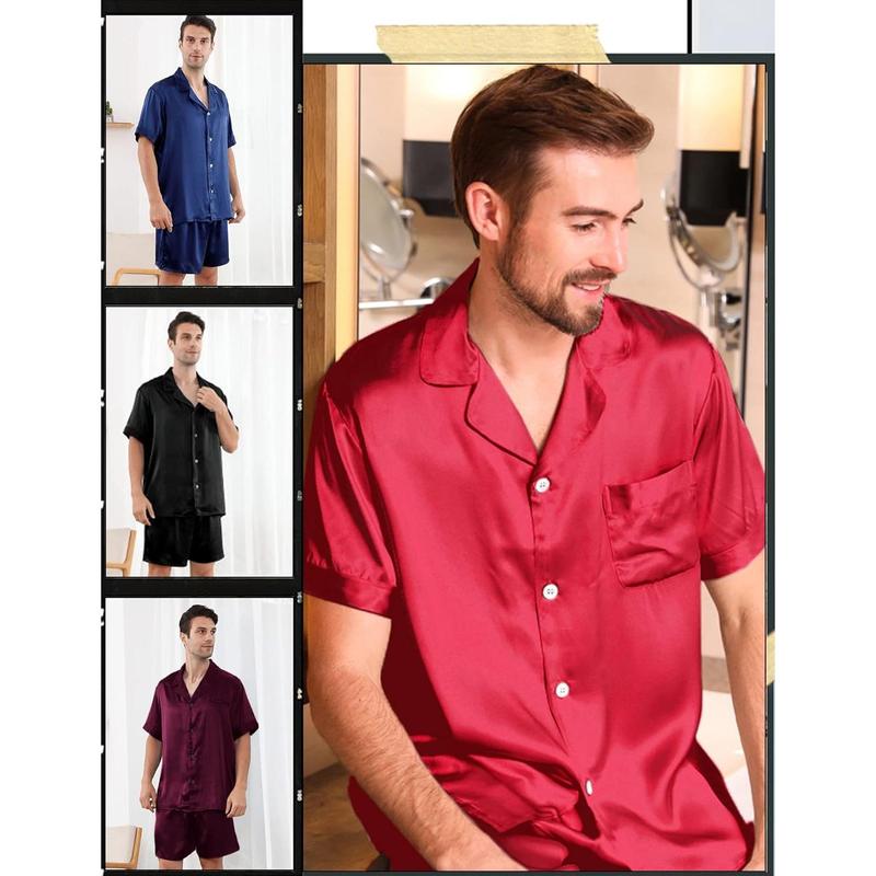 Couple Satin Matching Pajamas Sets Short Sleeve Sleepwear Silk Button Down Nightwear2 Pieces Loungewear with Shorts