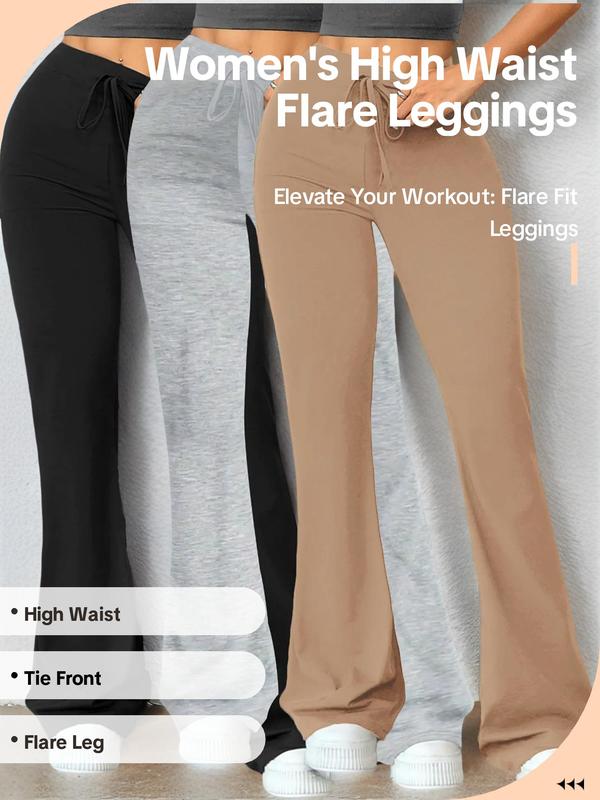 Women's Solid Tie Front High Waist Flare Leg Sports Leggings, Casual Comfy Breathable Bell Bottom Trousers for Yoga Gym Workout Running, Leggings for Women, Ladies Sportswear for All Seasons