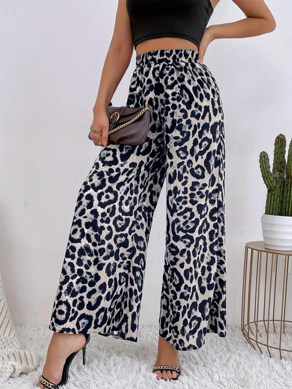 Women's Leopard Print Elastic Waist Wide Leg Pants, Casual High Waist Trousers, Ladies Bottoms for Daily Wear