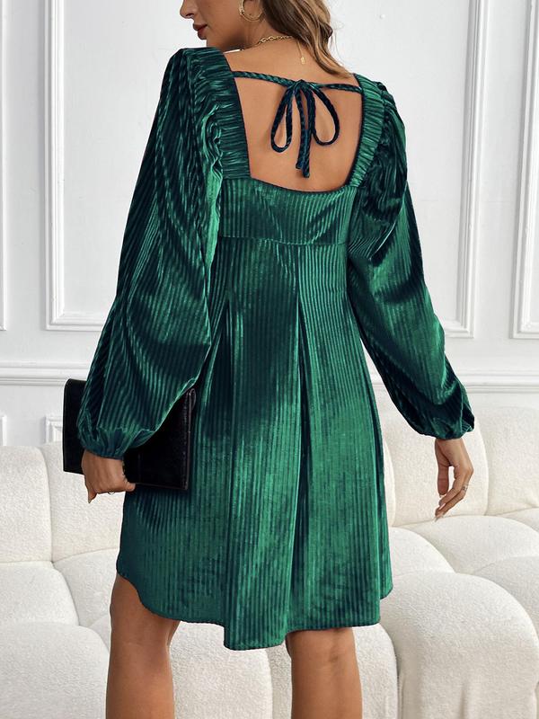 Women's Textured Backless Velvet Smock Dress, Elegant Bishop Sleeve Tie Back Square Neck Short Dress for Party Holiday Wedding Guest, Ladies Spring & Fall Clothes