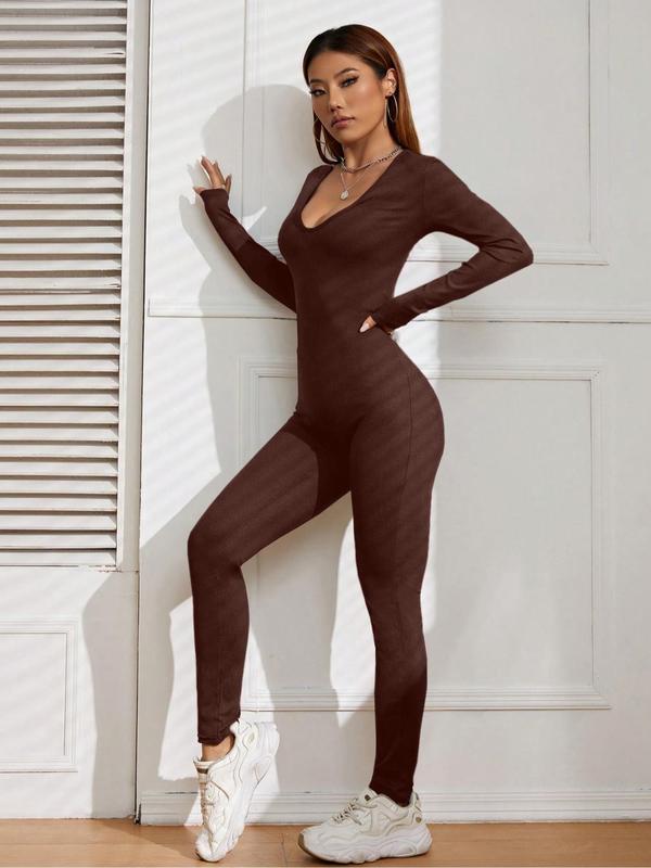 Women's Solid Long Sleeve Jumpsuit, Casual Comfy Bodycon Jumpsuit for Spring & Fall, Ladies Clothes for Daily Wear