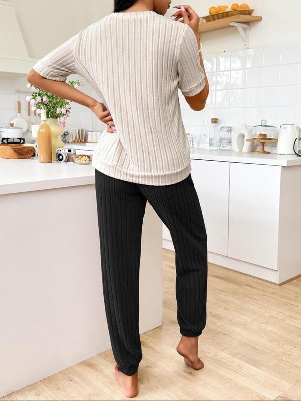 Women's Ribbed Pajama Set, Casual Heart Patchwork Embroidery Sleep Top & Plain Elastic Waist Pj Pants, Loungewear Summer Clothes Women, Lady Shortsleeve Homewear, Lounge Set, Comfort Sleepwear Set for Womenswear