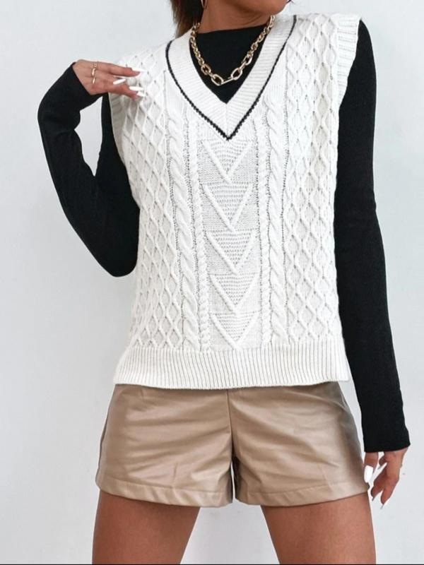 Women's V Neck Sweater Vest without Tee, Casual Sleeveless Cable Knit Top for Spring & Fall, Fashion Women's Knitwear for Daily Wear