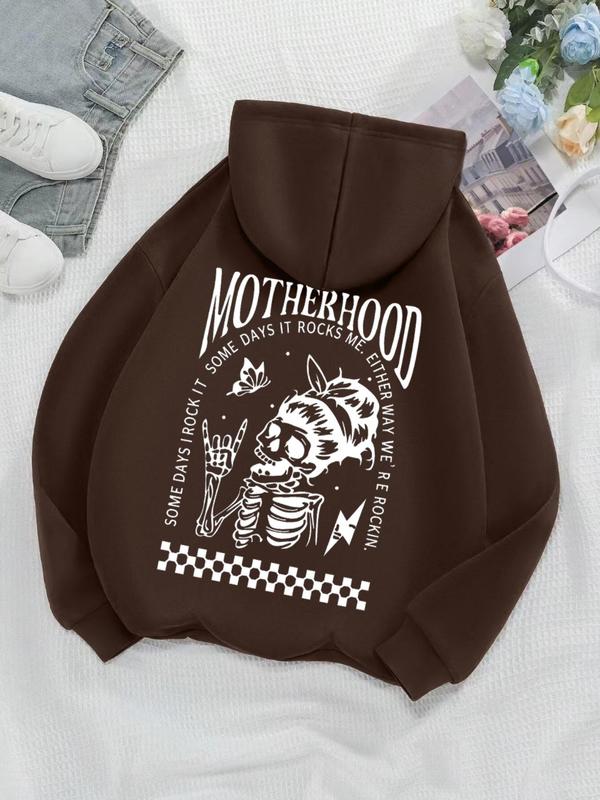 Women's Skeleton & Letter Print Drop Shoulder Hoodie, Fashion Casual Drawstring Pocket Hooded Sweatshirts for Daily Holiday Outdoor Wear, Ladies Clothes for Fall & Winter, Going Out Tops 2000s