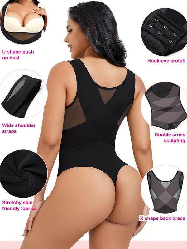 Womenswear Contrast Mesh Comfort Thong Design Shapewear Bodysuit, High Stretch U Neck Tummy Control Shapewear Clothing, Ladies Body Shapewear for Daily Wear