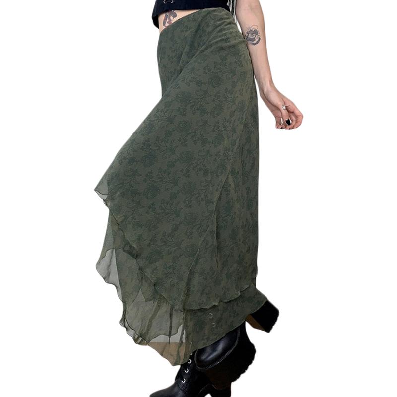 Women Y2K Fairy Grunge Midi Skirt Floral Print Vintage High Waist A Line Long Skirts Boho Fashion Streetwear