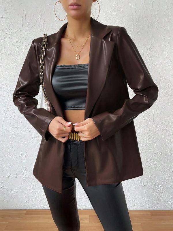 Women's Single Breasted Lapel Blazer Jacket, Fall Outfits, Fallfreshness Elegant Long Sleeve Button Front PU Leather Outerwear, Fashion Women's Clothing for Daily Wear, Women's Fall Outfits, Faux Leather Coats, Clothes Women, Fall Clothing Women