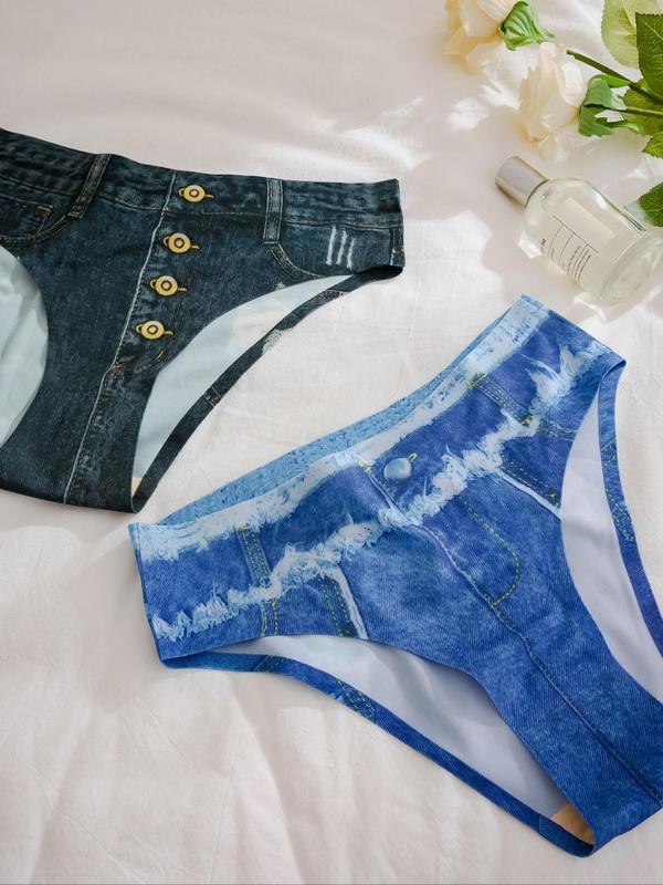 Women's 5pcs Denim-effect Print Knicker, Casual Breathable All Over Print Panty for Daily Wear, Comfy Women Underwear for All Seasons