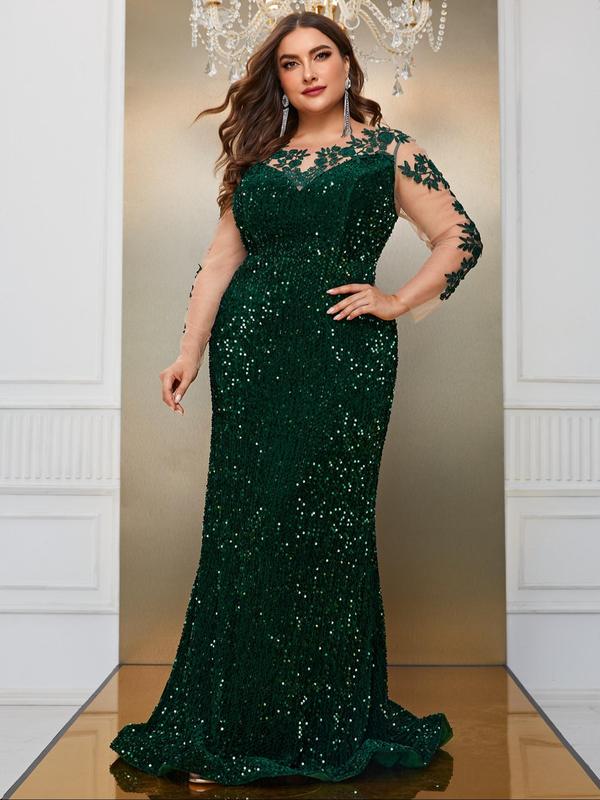 Plus Size Glitter Sequins Embroidery Sheer Contrast Mesh Sleeve Mermaid Evening Dress, Plus Elegant Long Sleeve V Neck Maxi Party Gown, Women's Plus Clothes for Spring & Fall