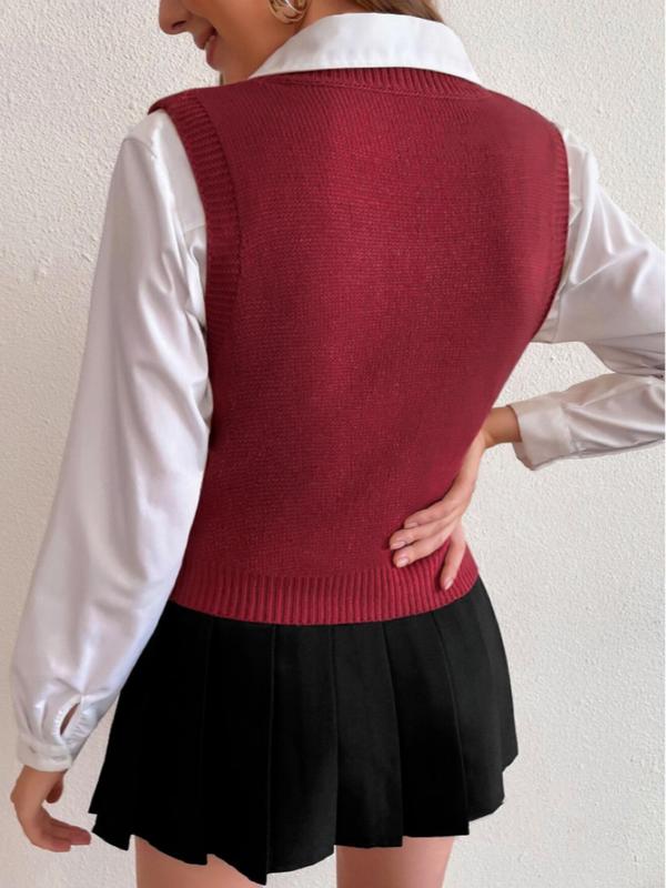 Women's Solid V Neck Cable Knit Sweater Vest, Elegant Fashion Casual Sleeveless Jumper Vest for Daily Outdoor Wear, Women Knitwear for Spring Fall