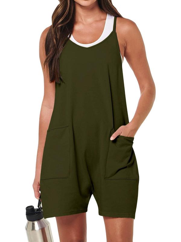 Women's Plain Pocket Adjustable Strap Cami Romper without Tank Top, Casual Sleeveless Jumpsuit for Summer, Ladies Clothes for Daily Wear, Back-to-School Clothing, Summer Outfits