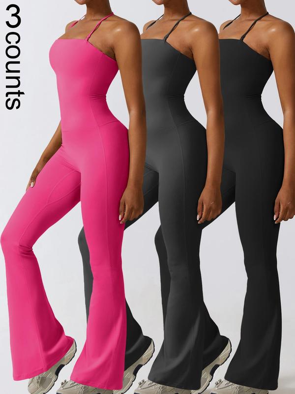 Women's Solid Backless Halter Neck Sports Tummy Control Jumpsuit, Casual Womenswear, Comfy Sleeveless Bell Bottom Jumpsuit for Yoga Gym Workout, Tummy Control Jumpsuit,  Gymreapers, Ladies Sportswear, Jumpsuits for Women