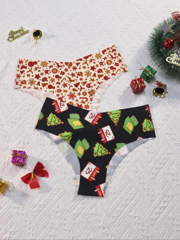 Women's Christmas Themed V-shaped Waist Seamless Panties, Breathable Comfortable Drop Waist Knicker for Daily Wear, Women's Underwear for All Seasons