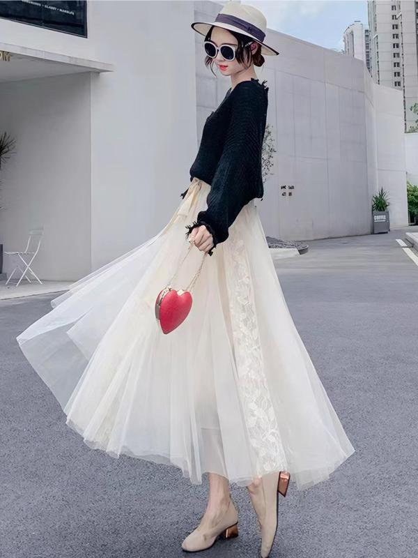 Women's Contrast Lace Bow Front Elastic Waist Tulle Skirt, Elegant High Waist Flared Skirt For Party Wedding Guest, Ladies Summer Clothes