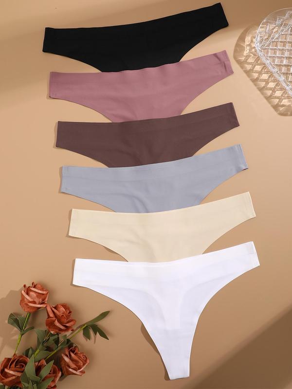 Women's Solid Color Seamless Drop Waist Thongs, Korean Wear, 6pcs Casual Comfy Breathable Panty, Ladies Underwear for All Seasons, Korean Streetwear