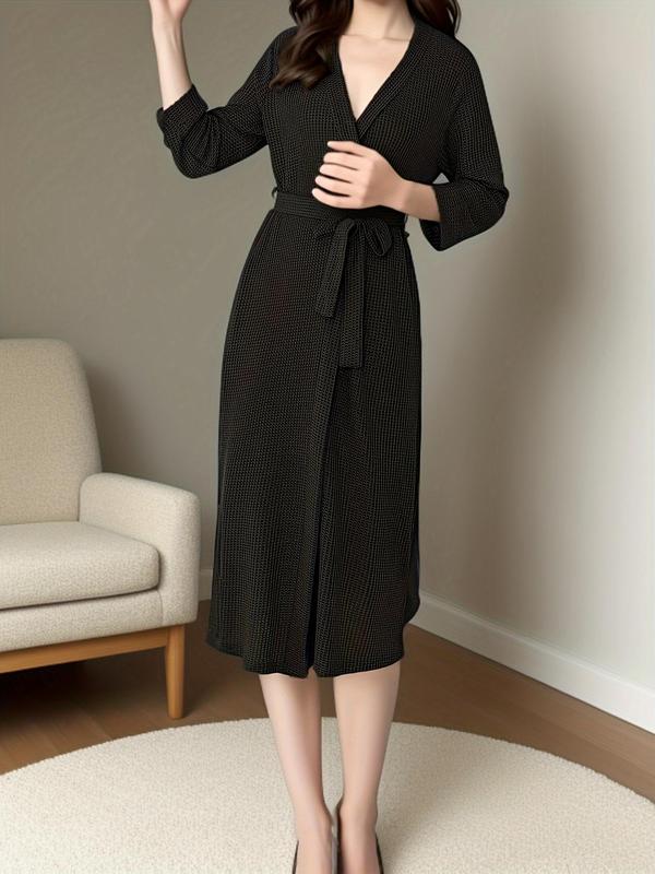 Women's Textured Waffle Knit Belted Split Hem Lounge Robe, Casual Long Sleeve Lounge Robe, Ladies Loungewear for Spring & Fall