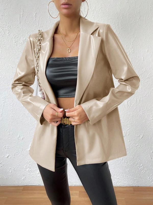 Women's Single Breasted Lapel Blazer Jacket, Fall Outfits, Fallfreshness Elegant Long Sleeve Button Front PU Leather Outerwear, Fashion Women's Clothing for Daily Wear, Women's Fall Outfits, Faux Leather Coats, Clothes Women, Fall Clothing Women